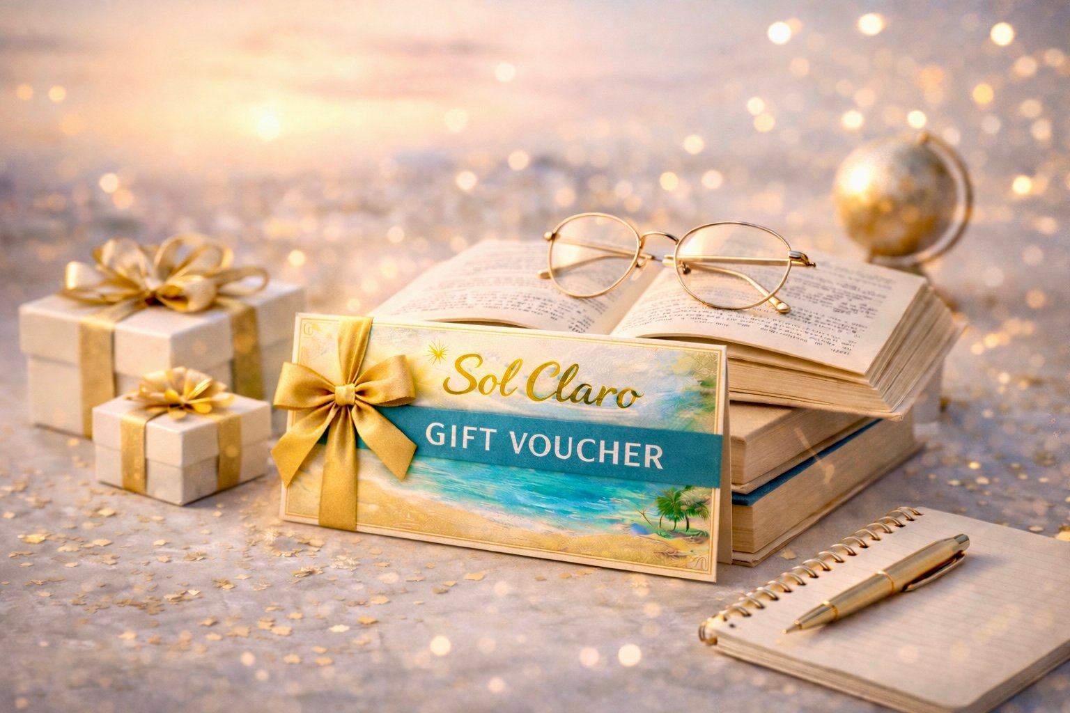 A Sol Claro gift voucher wrapped with a gold ribbon